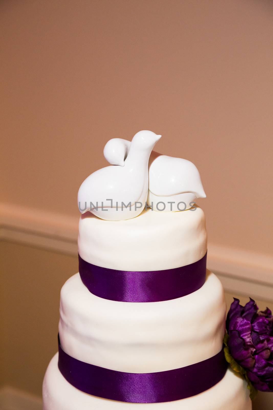 This ceramic cake topper has two love birds on it in all white.