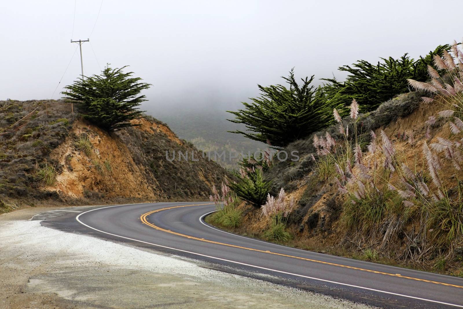 Road in the fog, leading to Half Moon Bay, California