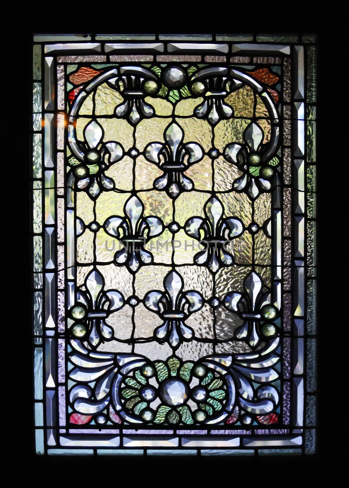 Stained-glass window the Winchester Mystery House - the house number 525 on Winchester Boulevard in San Jose, California, USA