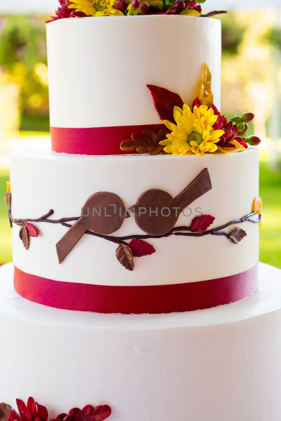 A beautiful wedding cake is set up at the reception for a bride and groom.