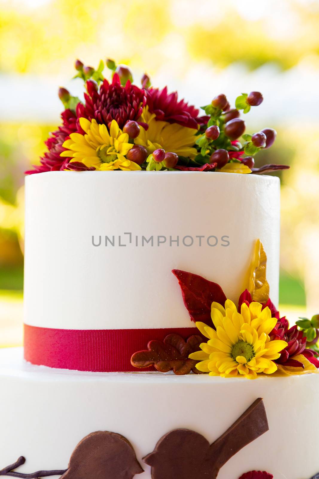 A beautiful wedding cake is set up at the reception for a bride and groom.