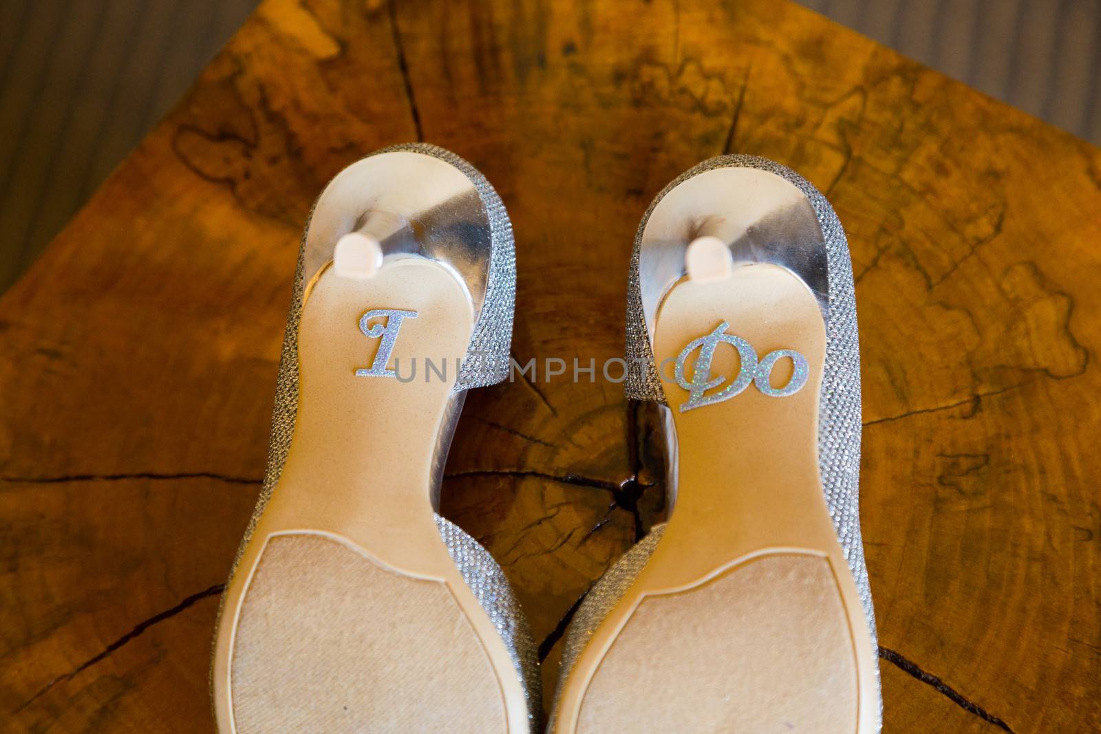 These wedding shoes say I Do on the bottom of the heels.