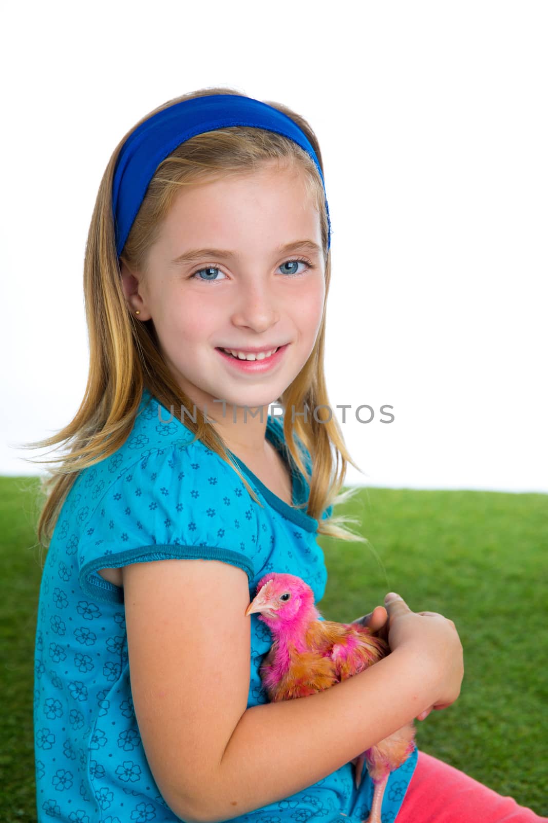 breeder hens kid girl rancher farmer playing with chicken chicks white background