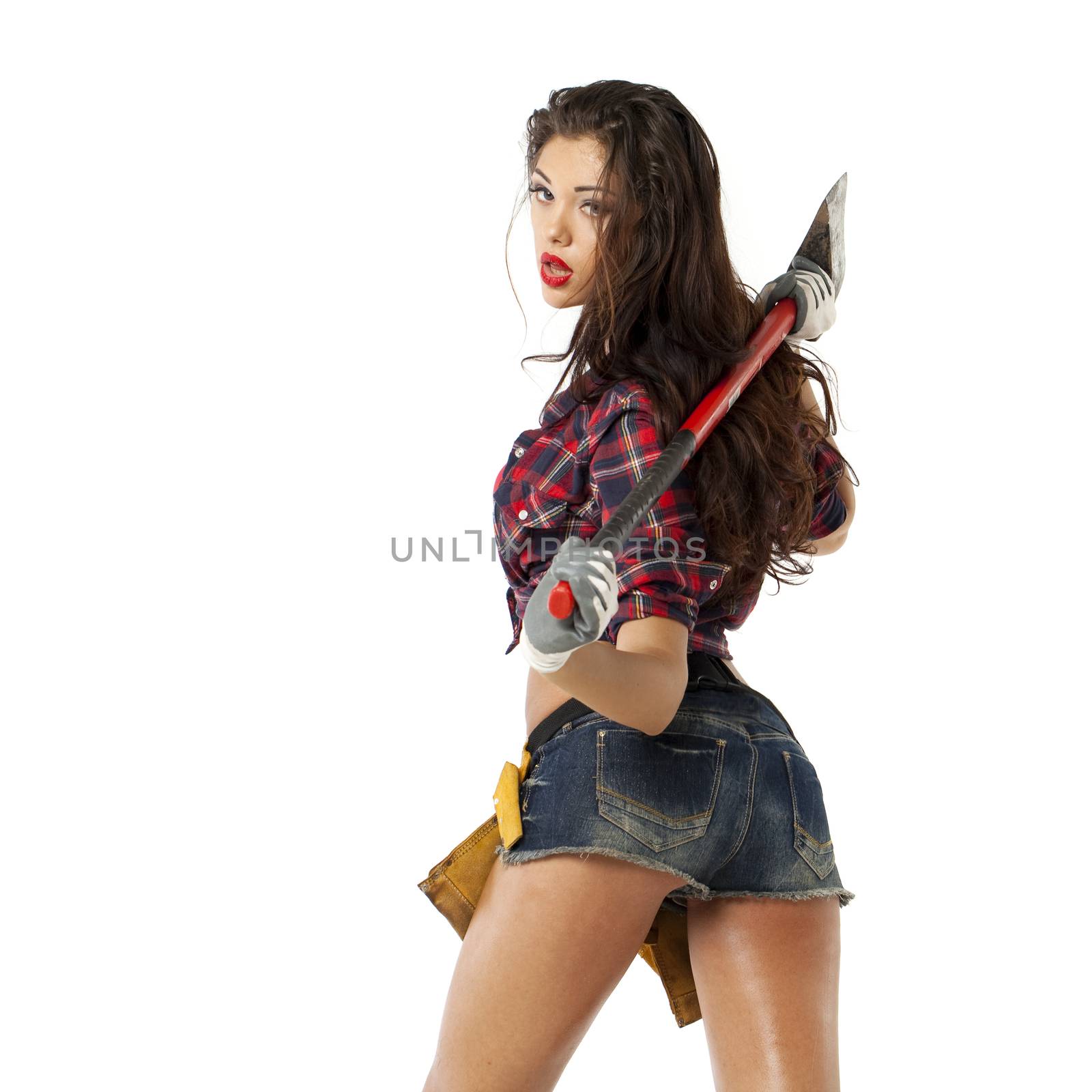 Sexy brunette with an ax in his hand, isolated on white background