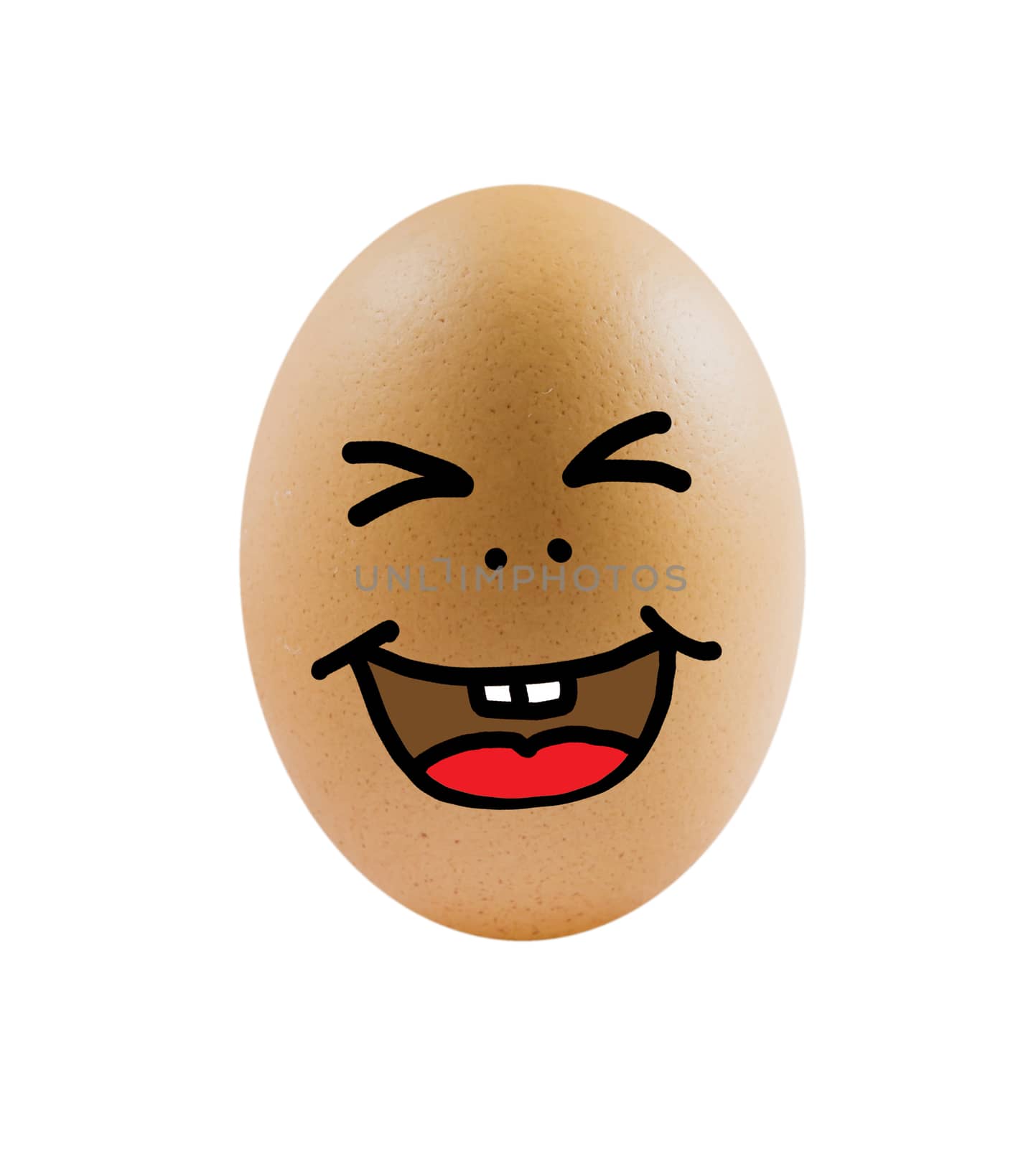 one  brown egg with funny face on white background .