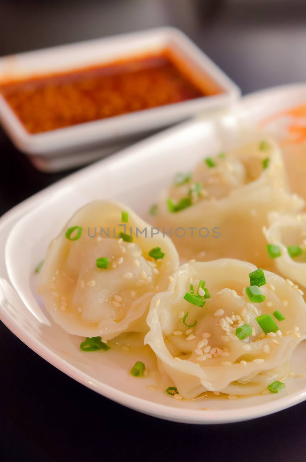 Mandu  , Korean Dumplings , Boiled Pork Gyoza with chili sauce