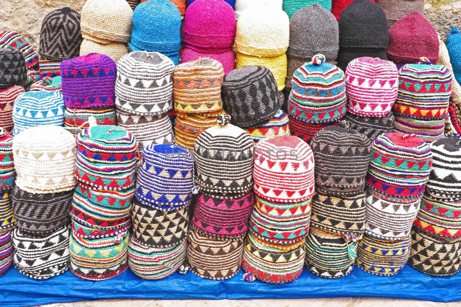 Colorful wool caps for sale in the market in Morocco Africa