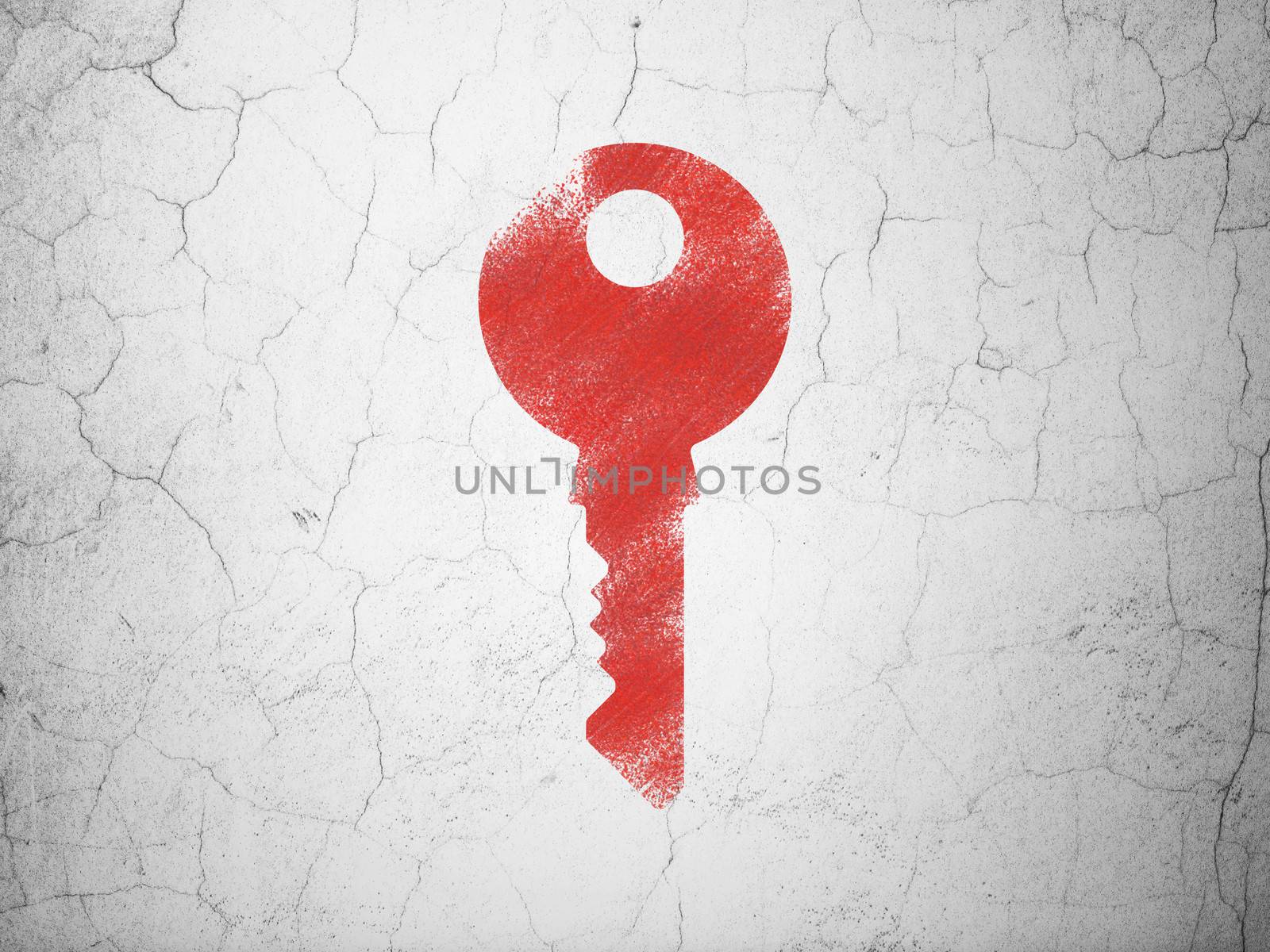Protection concept: Red Key on textured concrete wall background, 3d render