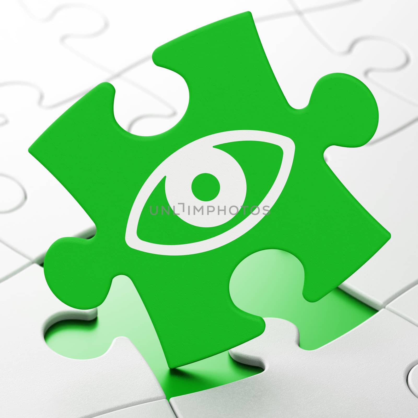 Privacy concept: Eye on Green puzzle pieces background, 3d render