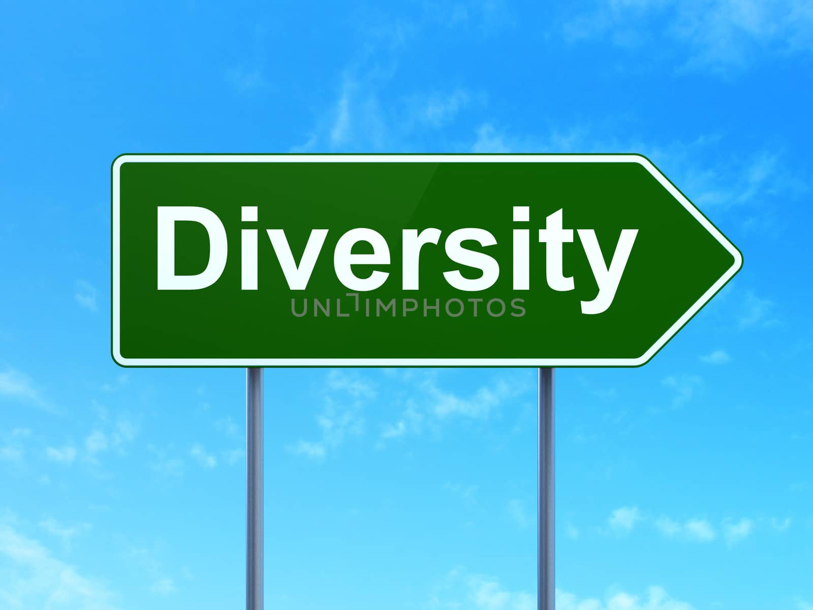 Business concept: Diversity on green road (highway) sign, clear blue sky background, 3d render