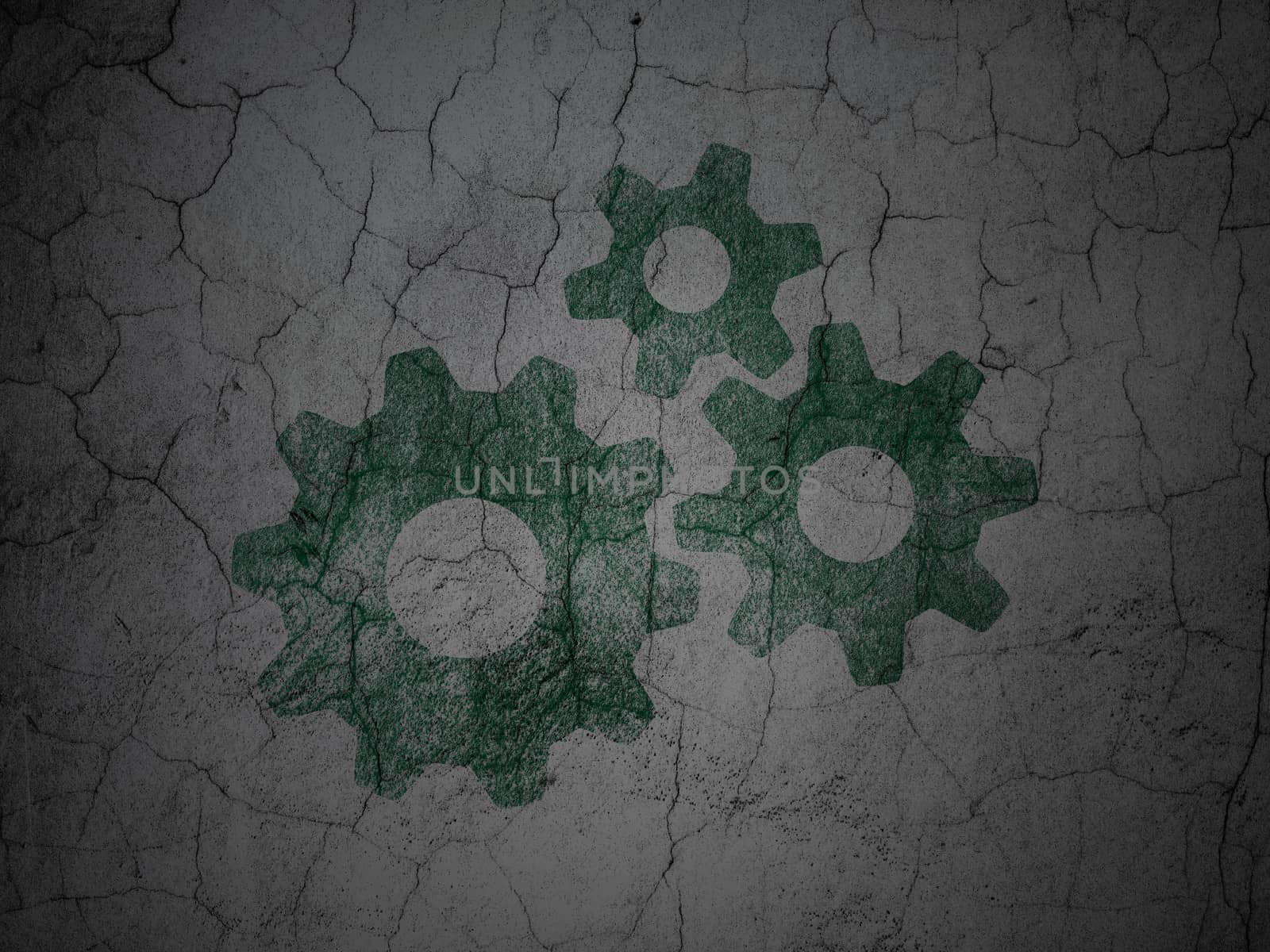 Marketing concept: Green Gears on grunge textured concrete wall background, 3d render