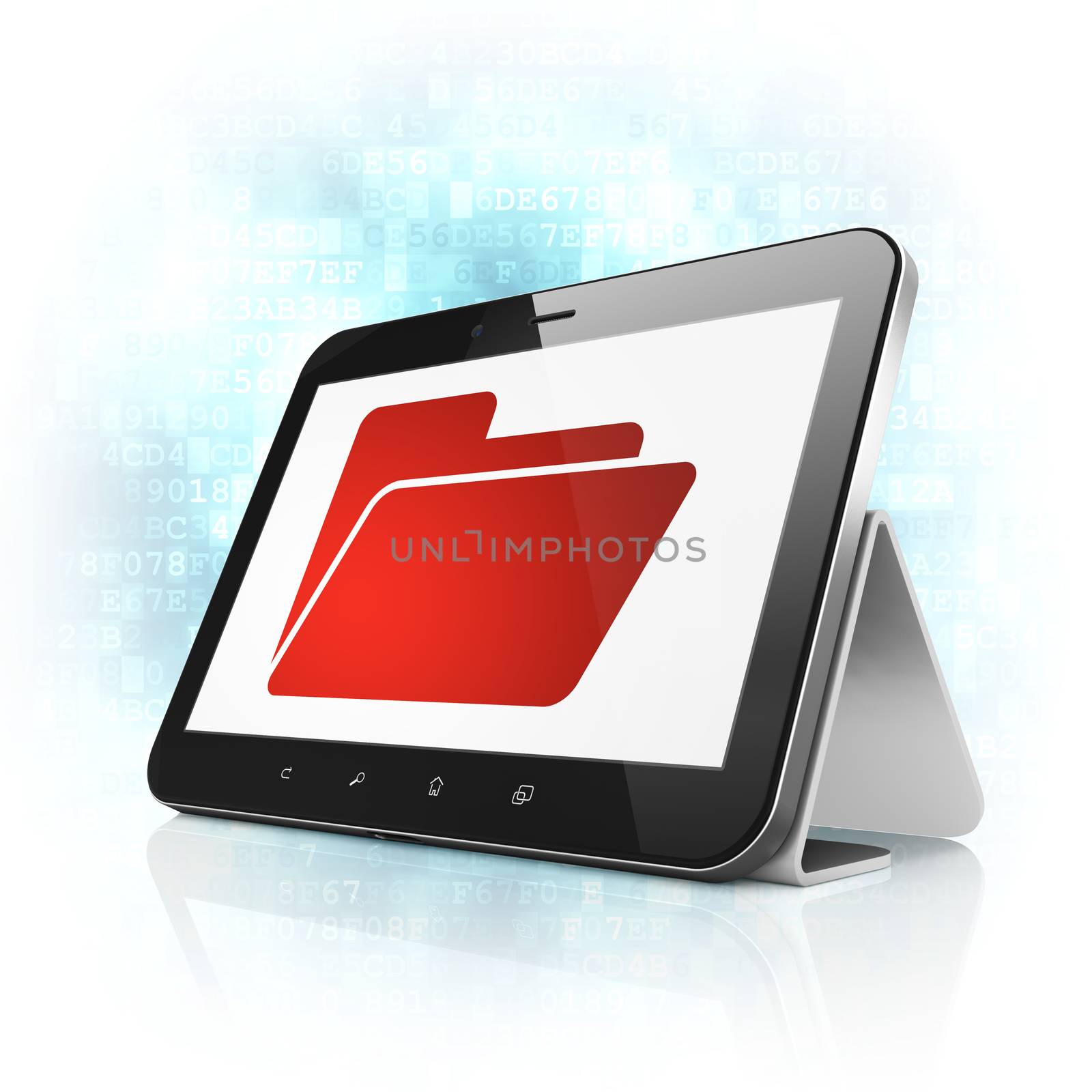 Finance concept: black tablet pc computer with Folder icon on display. Modern portable touch pad on Blue Digital background, 3d render