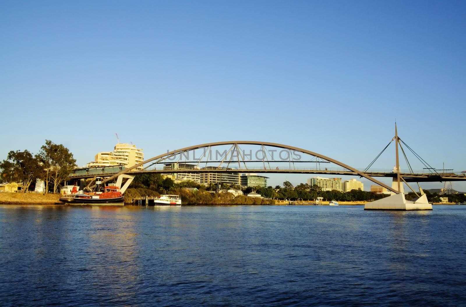 The Goodwill Bridge in Brisbane Australia seen from the Brisbane River in the early morning.