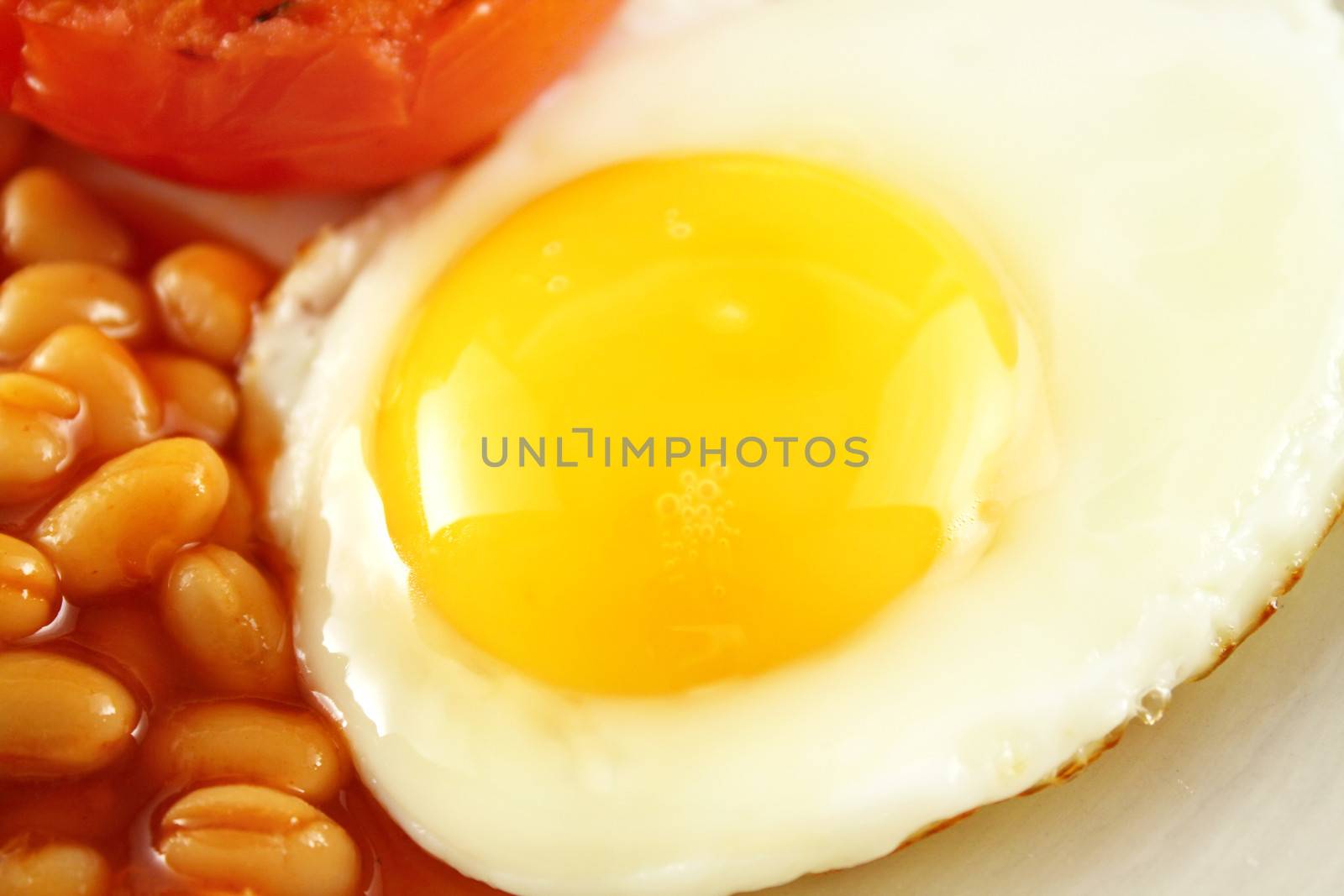 Fresh fried egg cooked to perfection with baked beans.