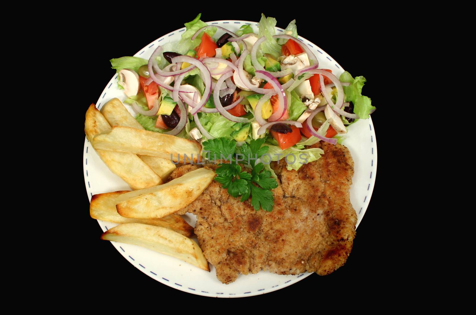 Hearty homemade chicken schnitzel with chips and salad.