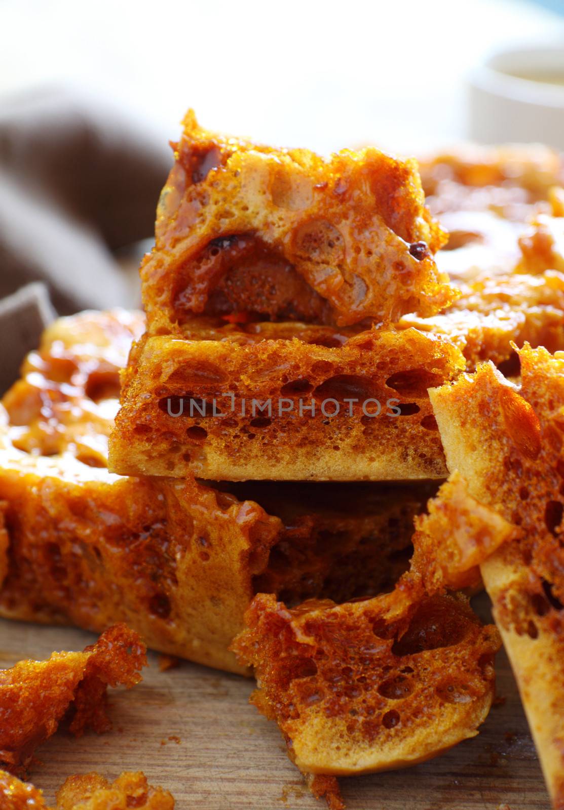 Delightful fresh baked crisp and crunchy sweet honeycomb dessert.