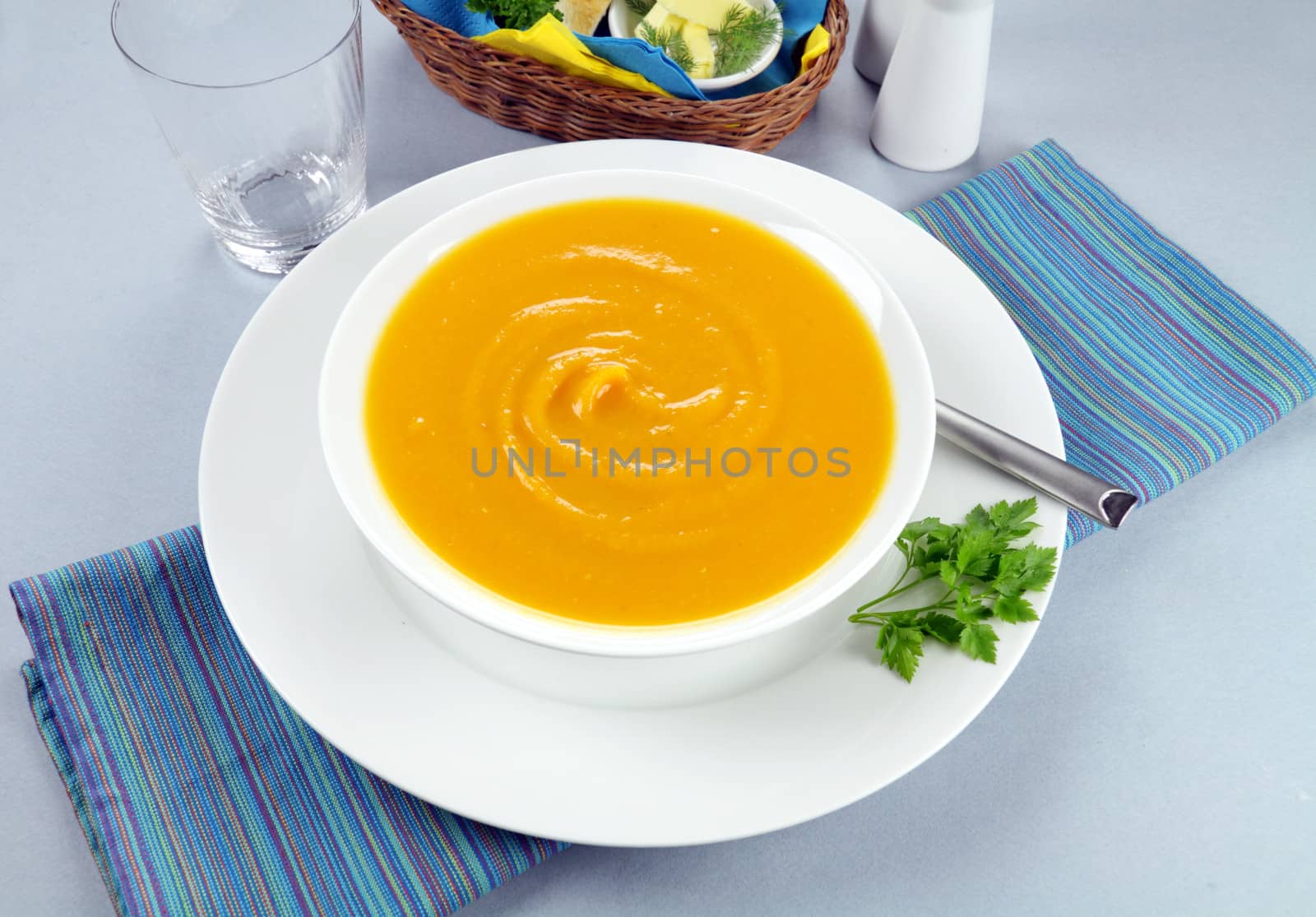 Delicious hearty homemade pumpkin soup ready to serve.