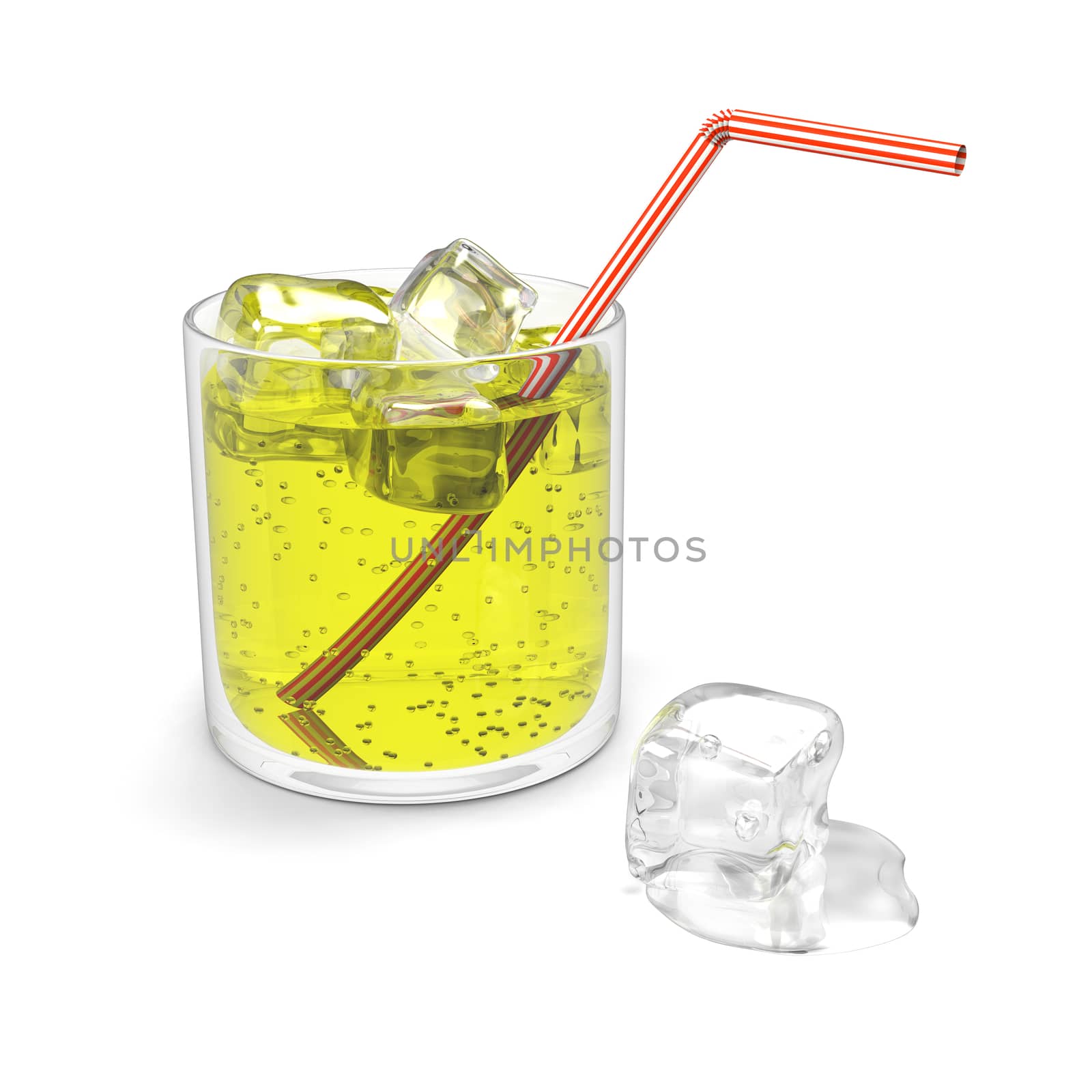 Glass of lemonade with ice and straw isolated on white background