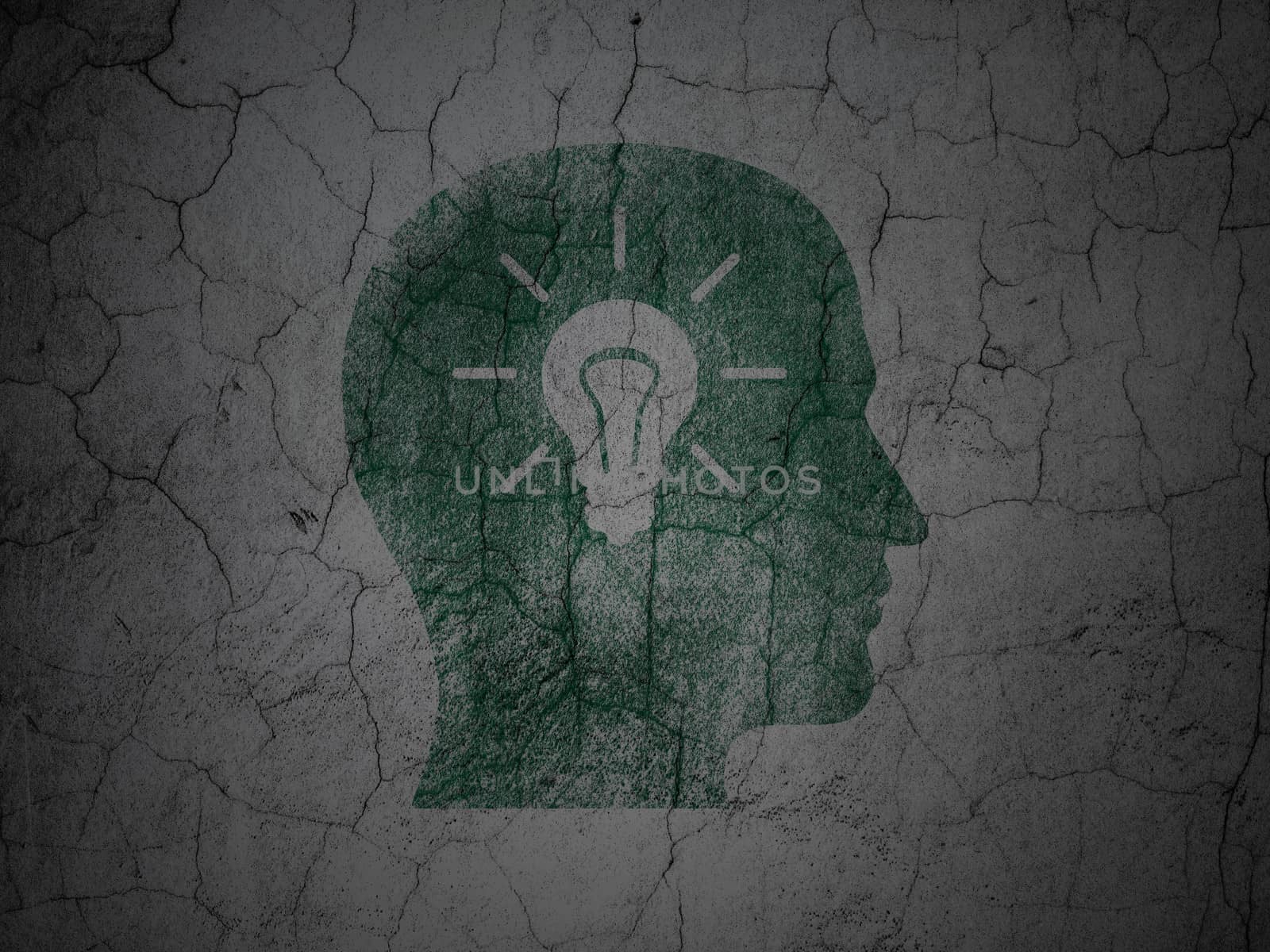 Data concept: Green Head With Light Bulb on grunge textured concrete wall background, 3d render