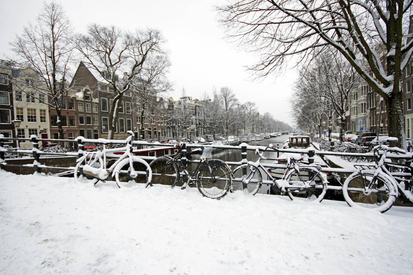 Amsterdam covered with snow  in winter in the Netherlands