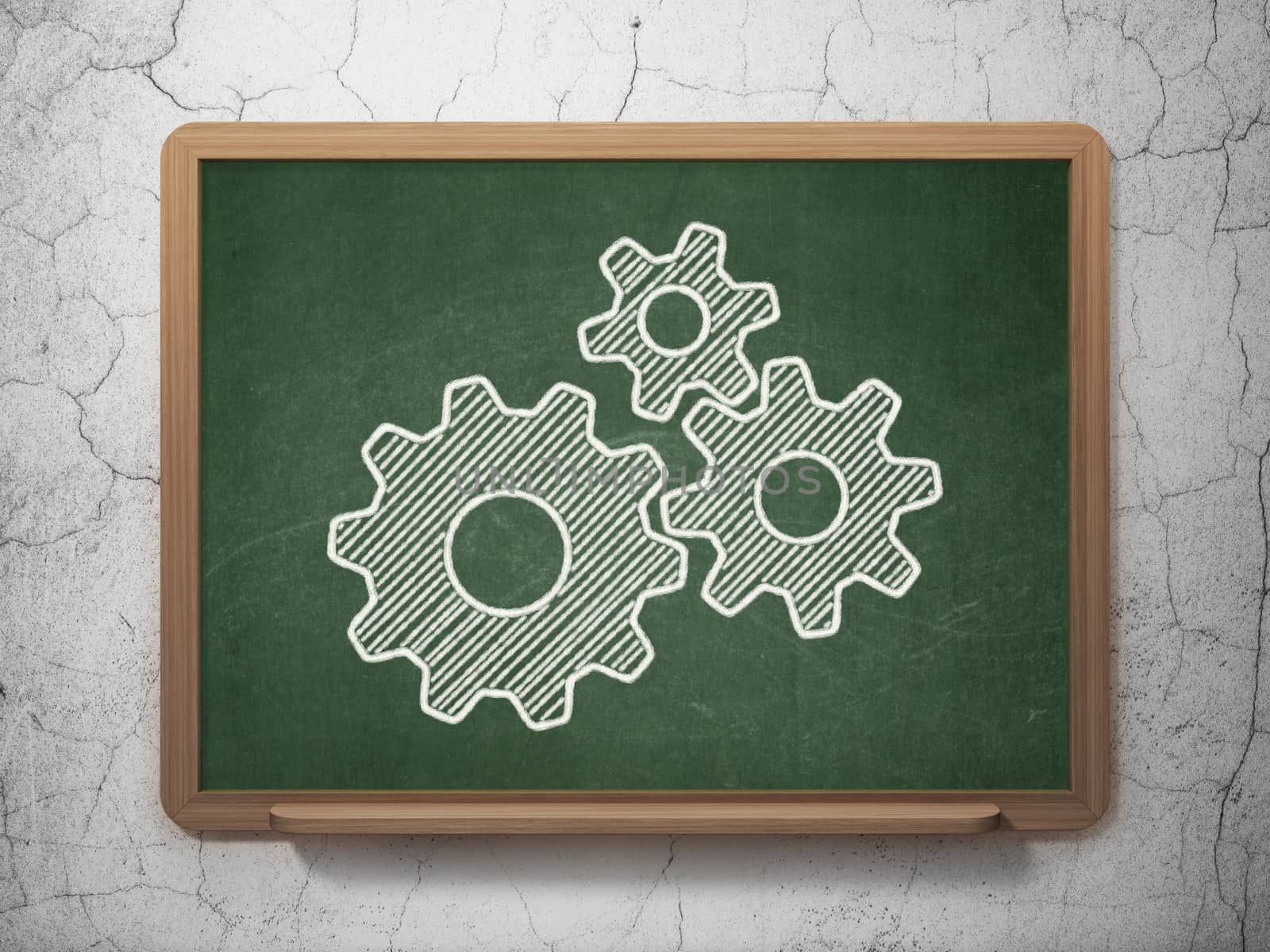 Advertising concept: Gears icon on Green chalkboard on grunge wall background, 3d render