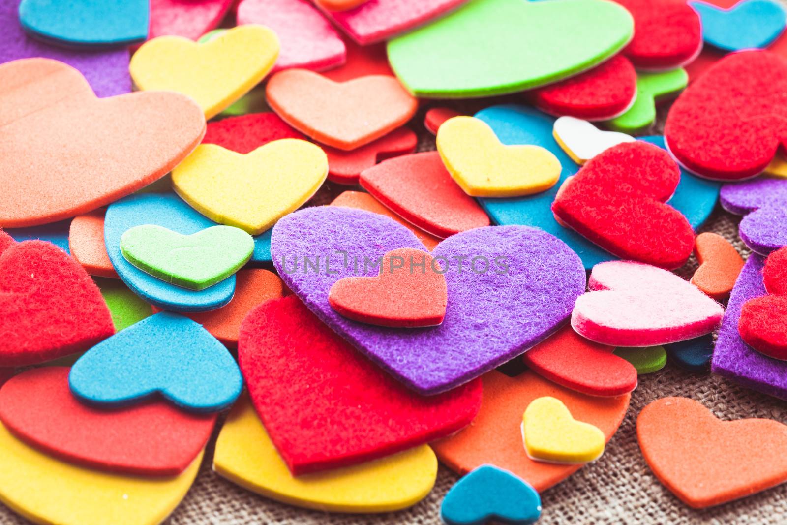 Colorful hearts stickers background. Valantine decorations. Various hearts