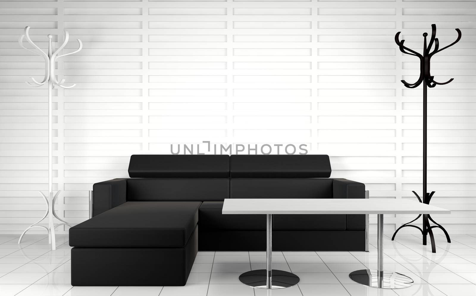 3d interior architecture.Modern sofa and table in black and white toned.