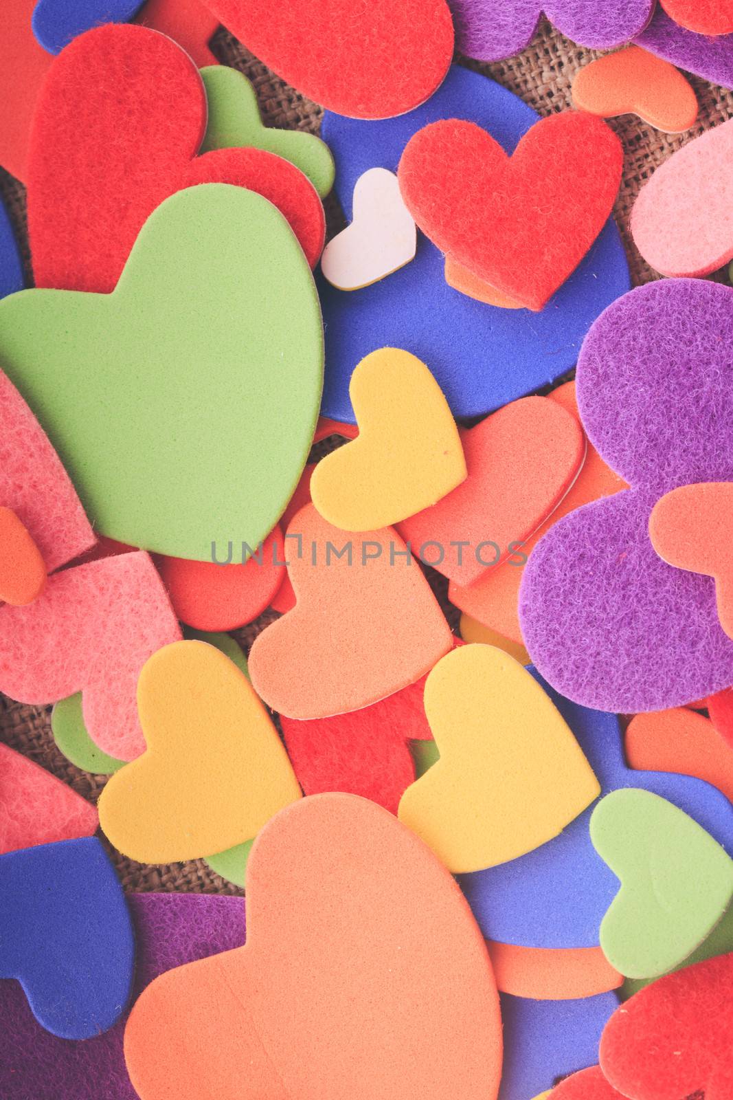 Colorful hearts stickers background. Valantine decorations. Various hearts