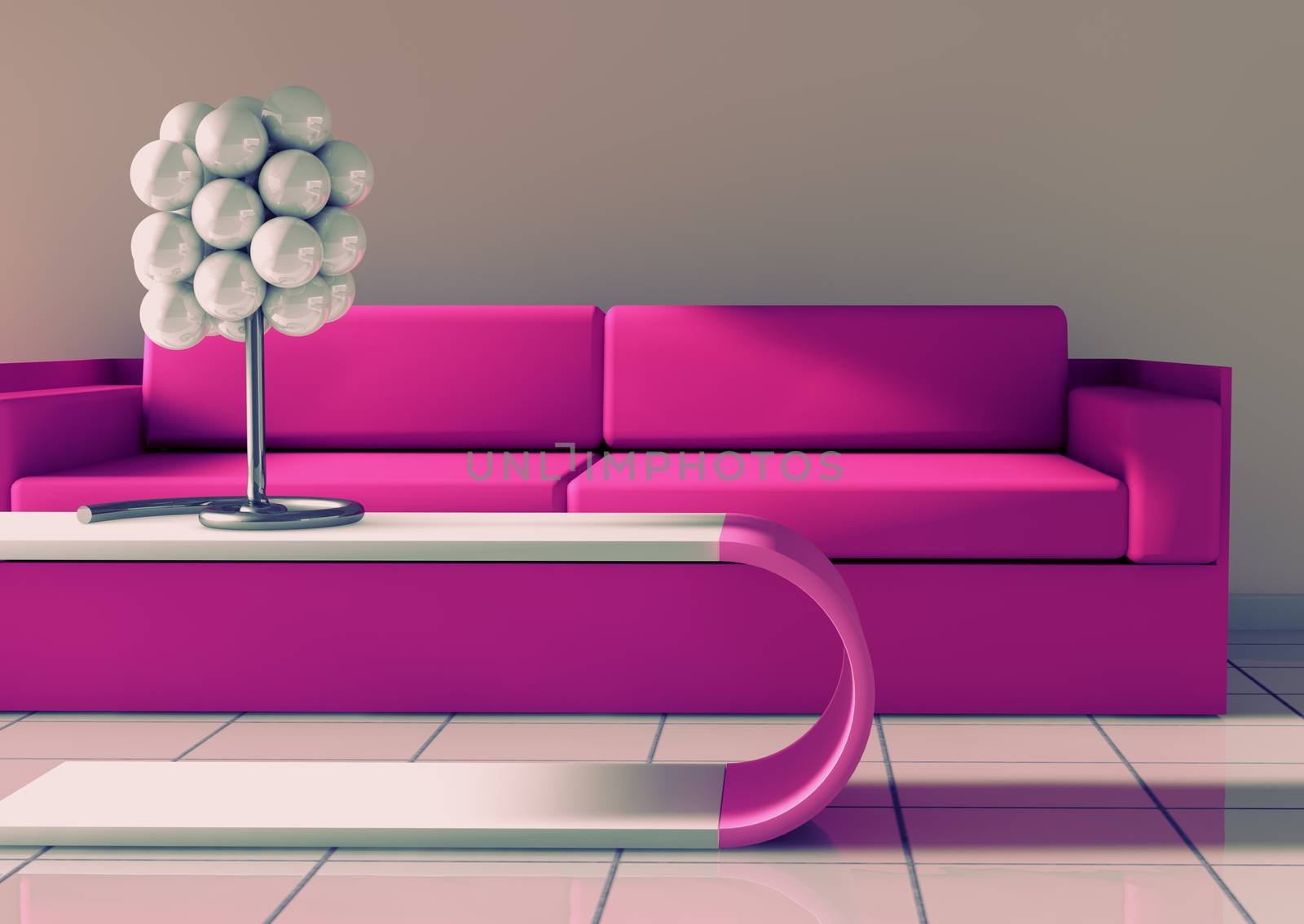 3d interior architecture.Modern sofa and table in pink toned