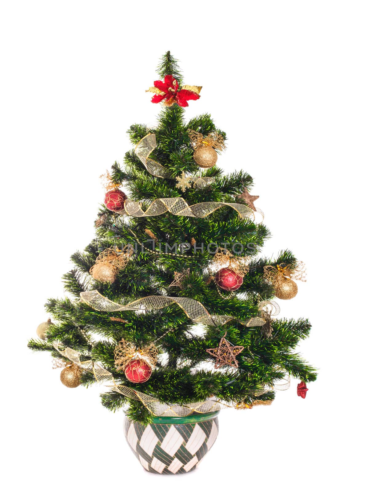 Christmas tree with gold and red toys isolated on white