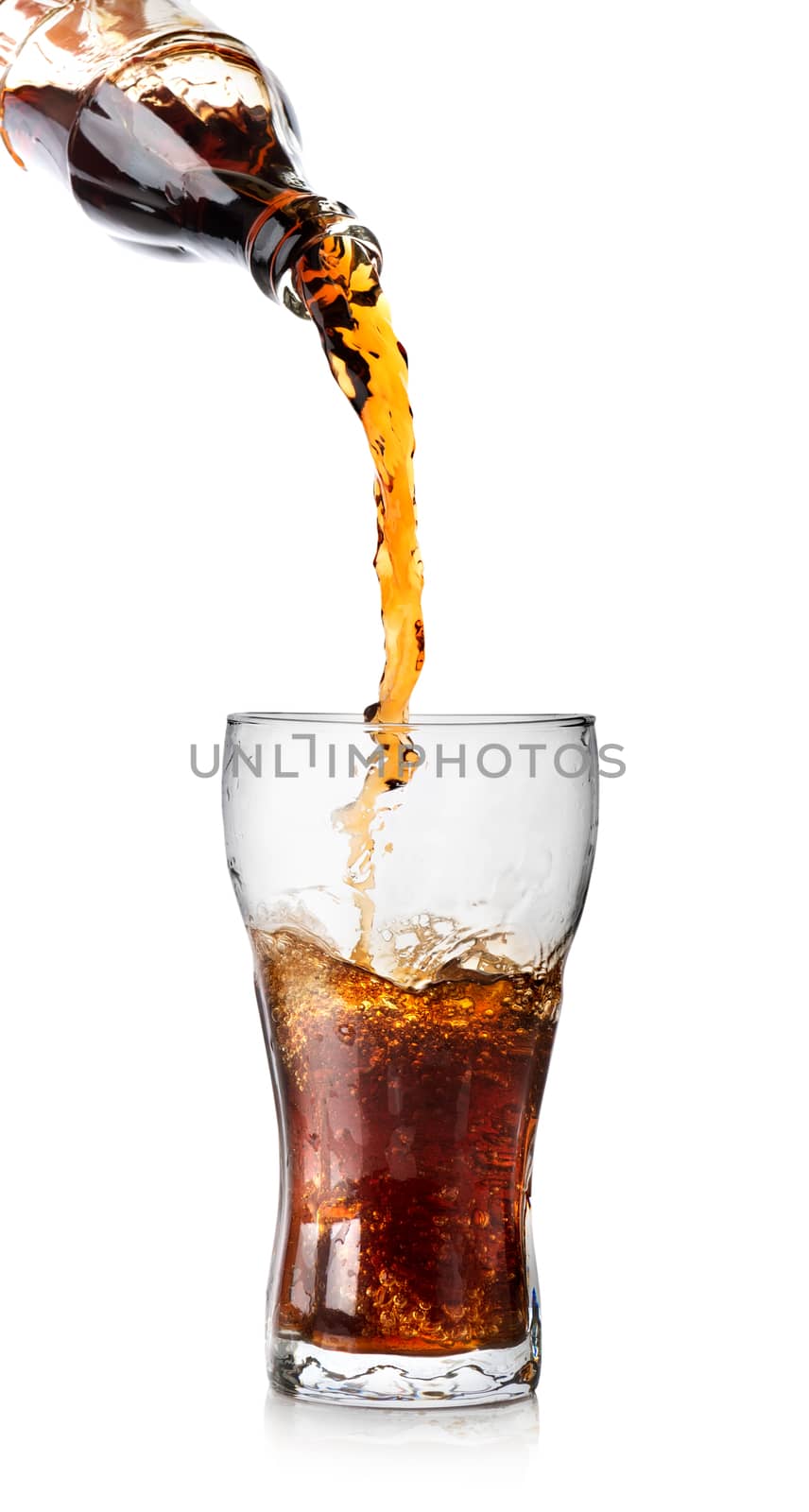 Bottle and glass of cola isolated on white