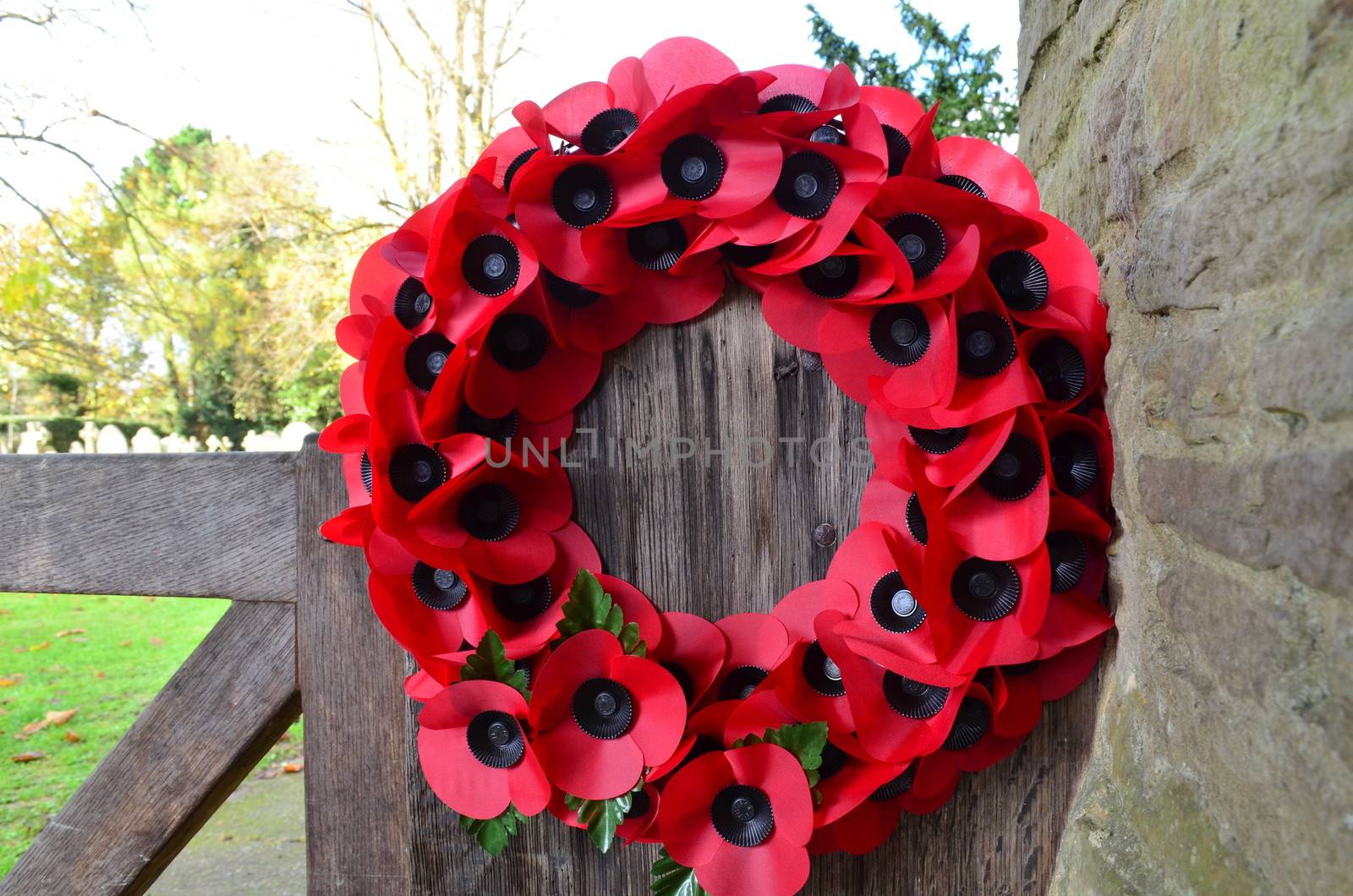 Poppy wreath at an English church to celebrate Remembrance Sunday.