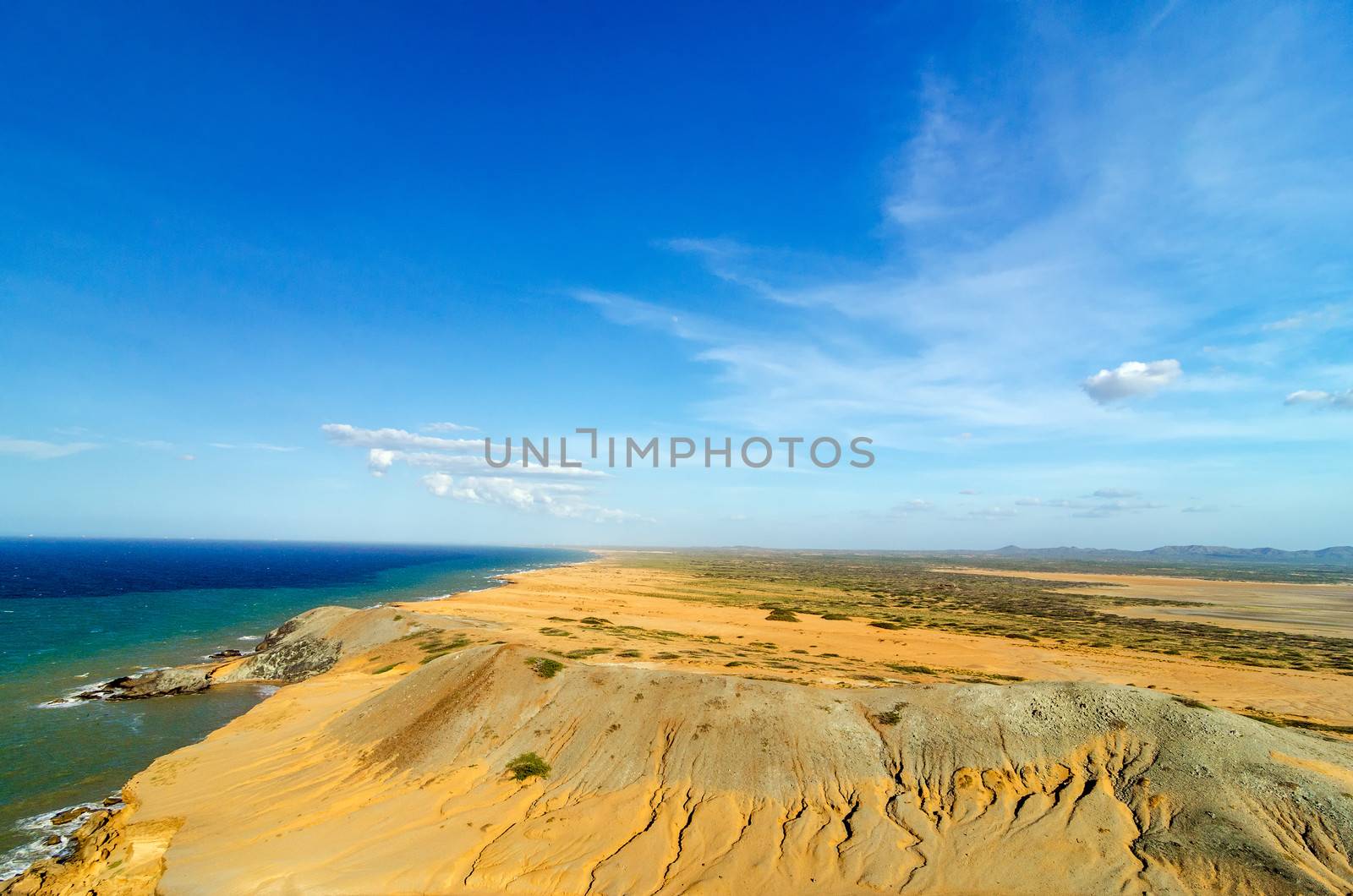 Dry desert coastal landscape next to Caribbean Sea in La Guajira, Colombia