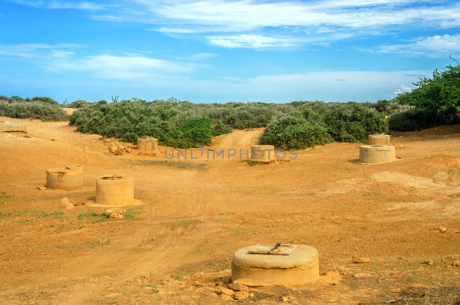 Wells in a desert in La Guajira, Colombia used for water by the indigenous Wayuu