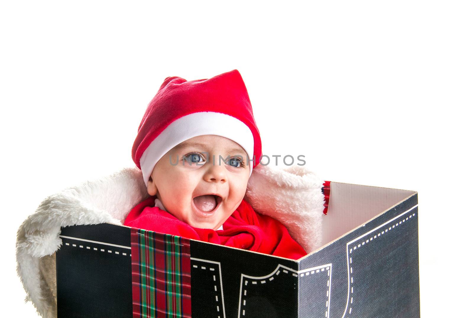 Baby seating on christmas box