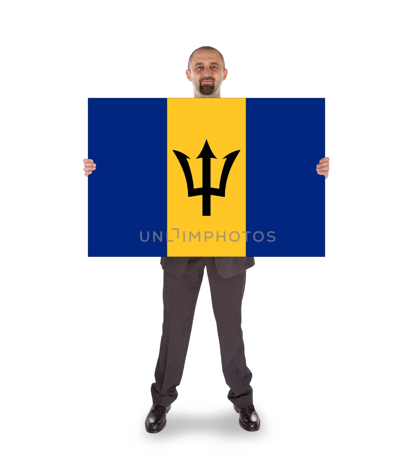 Smiling businessman holding a big card, flag of Barbados