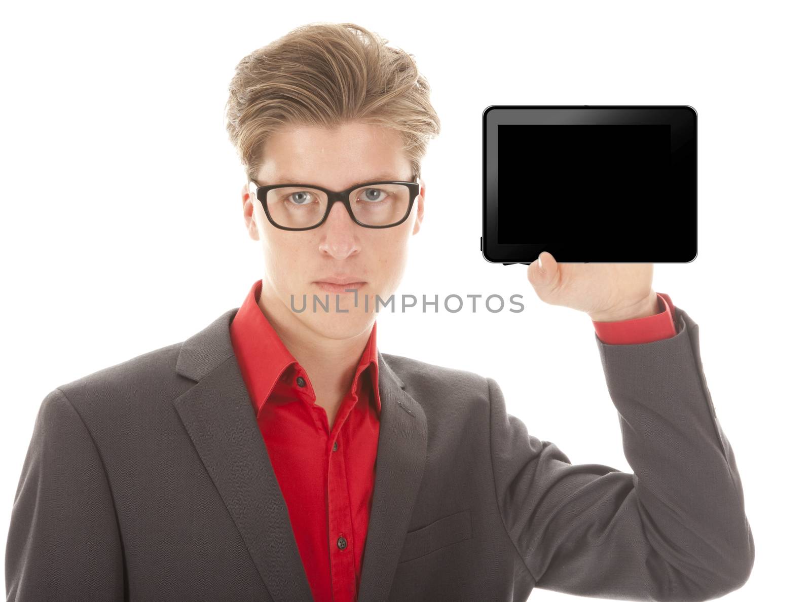 Young man holding a mini tablet isolated on white background