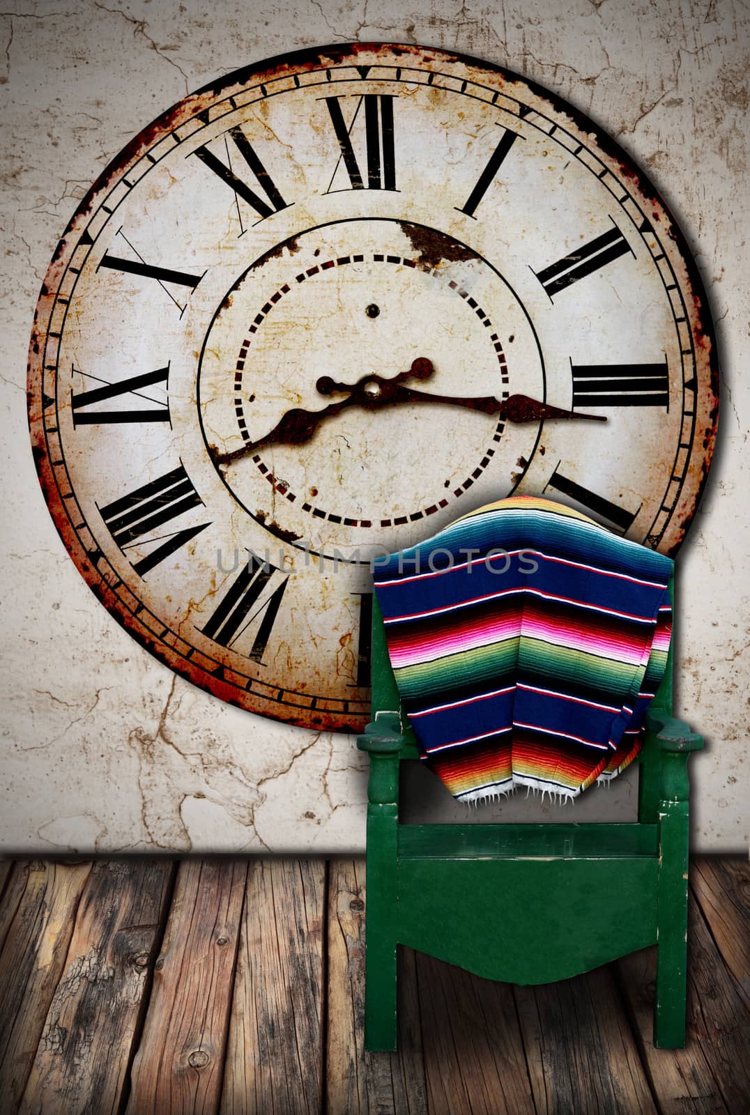 a vintage clock, a mexican chair and an old room