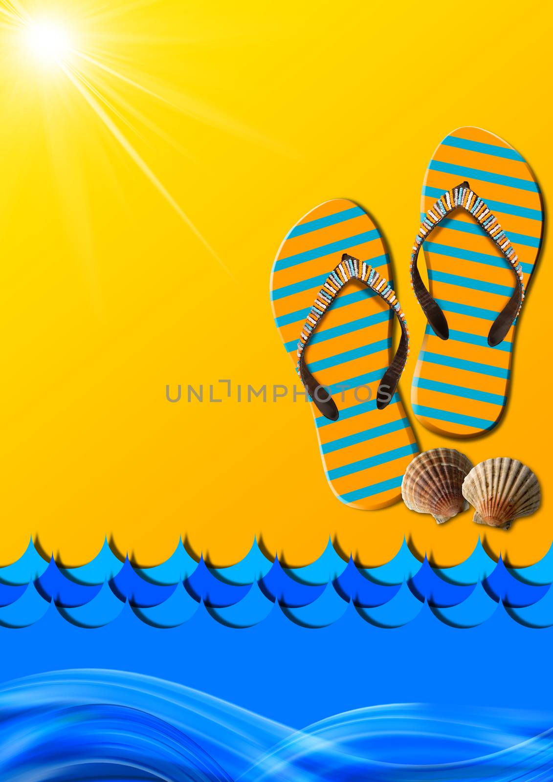 Blue and orange abstract background with stylized waves and sunlight, flip flops sandals and seashells, concept of summer vacations