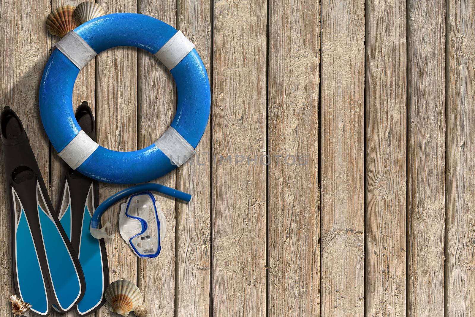 Blue and white lifebuoy hanging to a wooden wall with seashells and snorkeling equipment