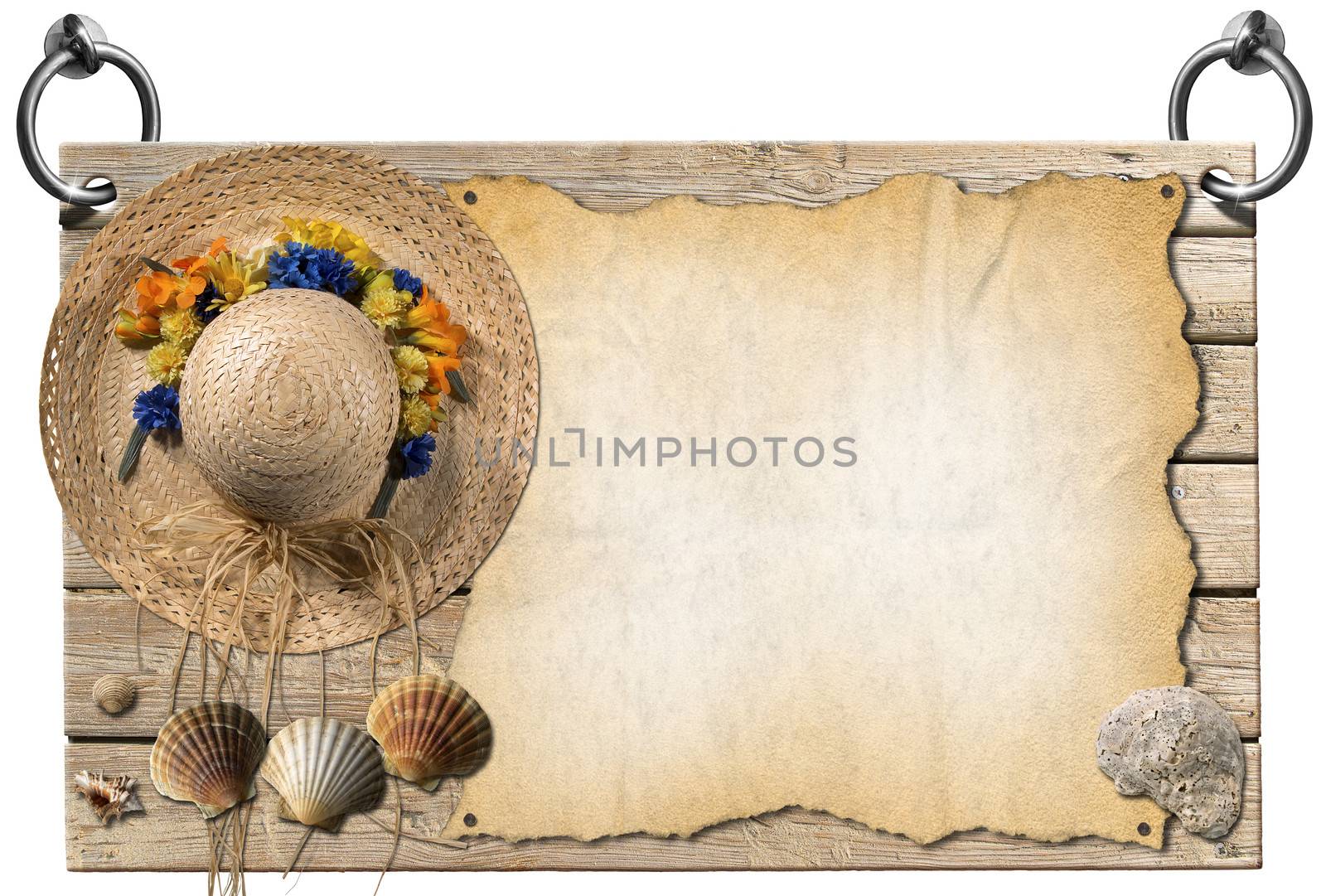 Wooden signboard with sand hanging on to two steel ring with seashells, straw hat with flowers and empty parchment
