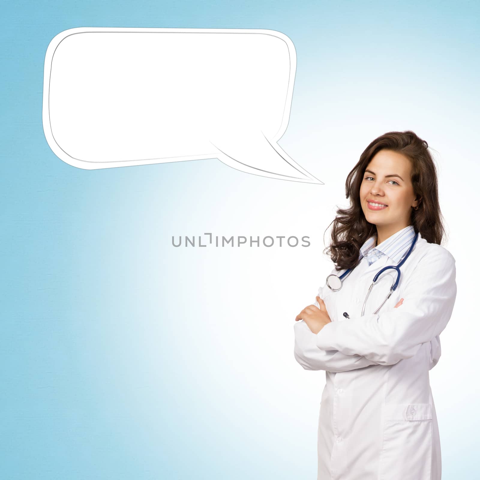 young woman doctor says cloud over his head, place for text