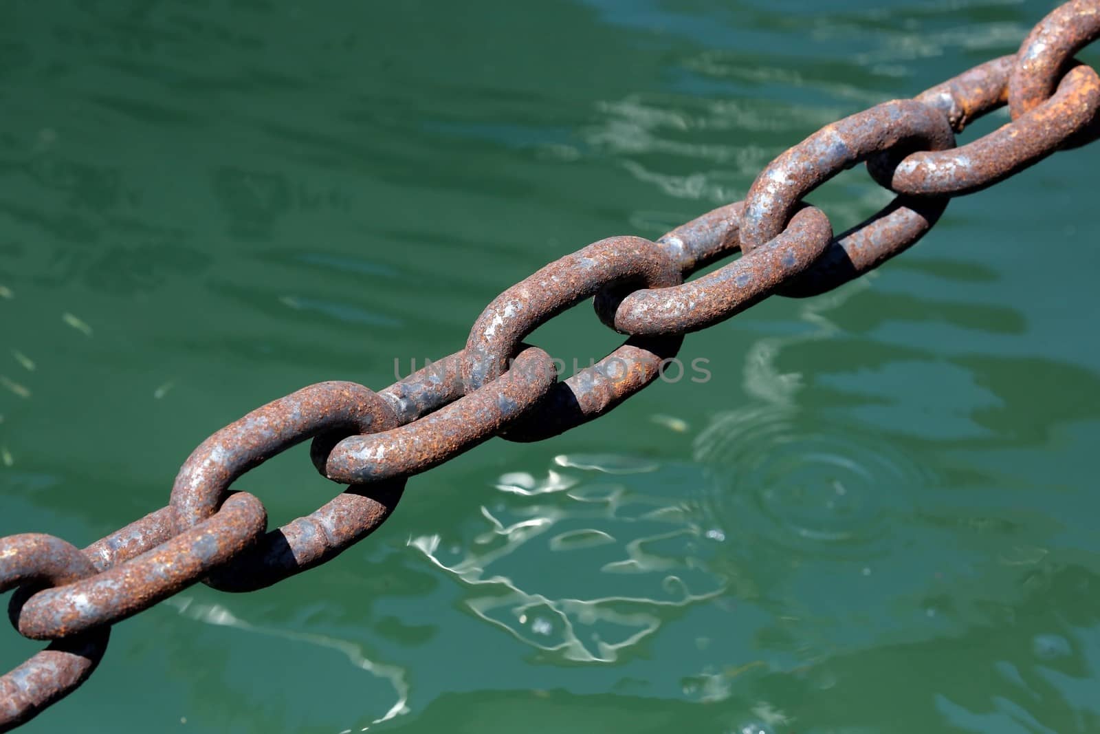 Rusted iron chain above green sea water in harbor