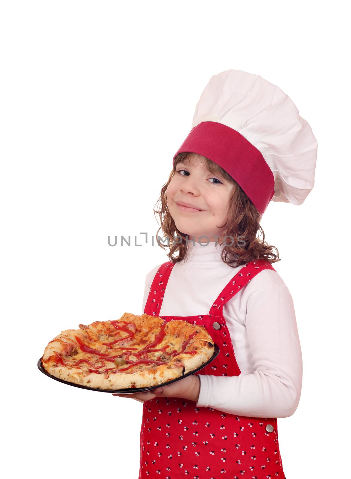 happy little girl cook with pizza on plate by goce