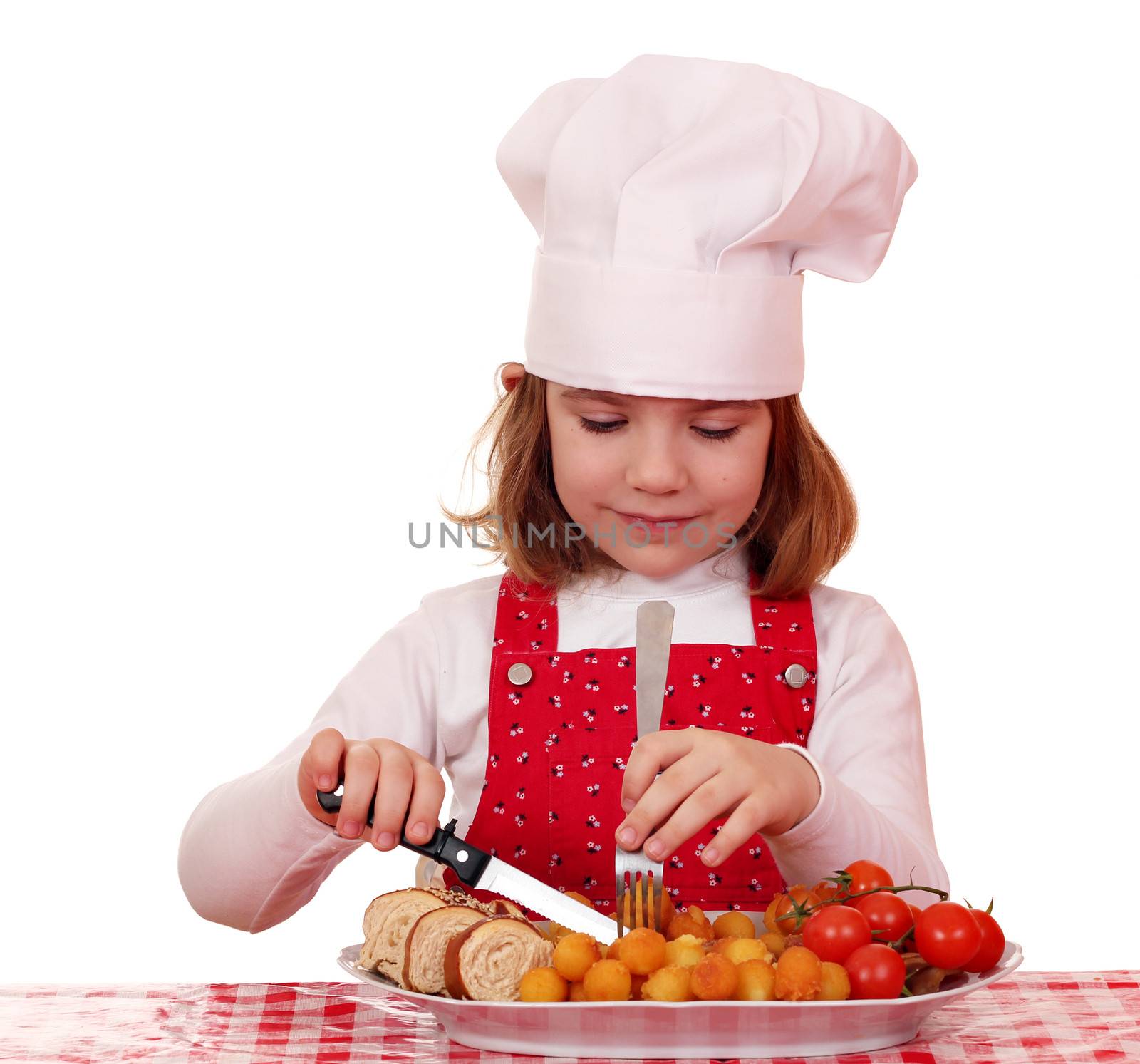hungry little girl cook eat gourmet food by goce