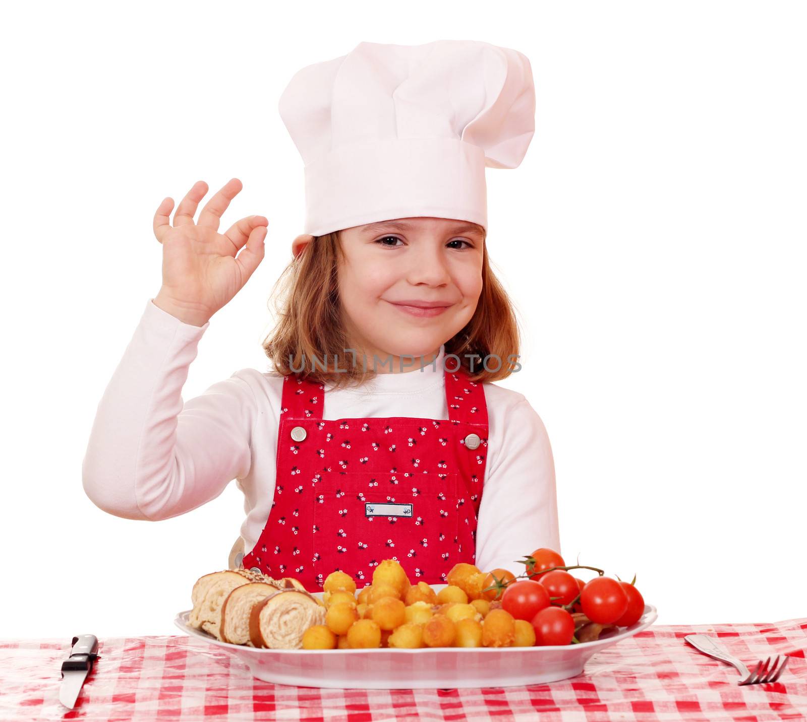 little girl cook with ok hand sign and gourmet food