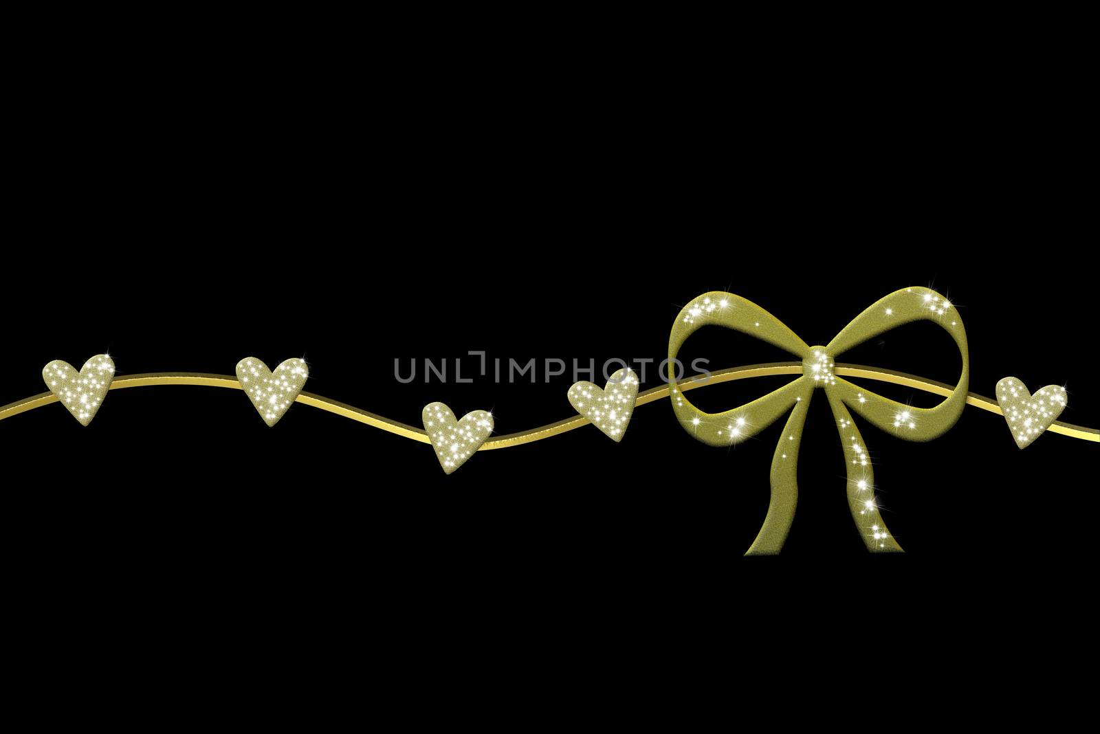 golden wreath with gift bow and glossy hearts isolated in black background and copy space