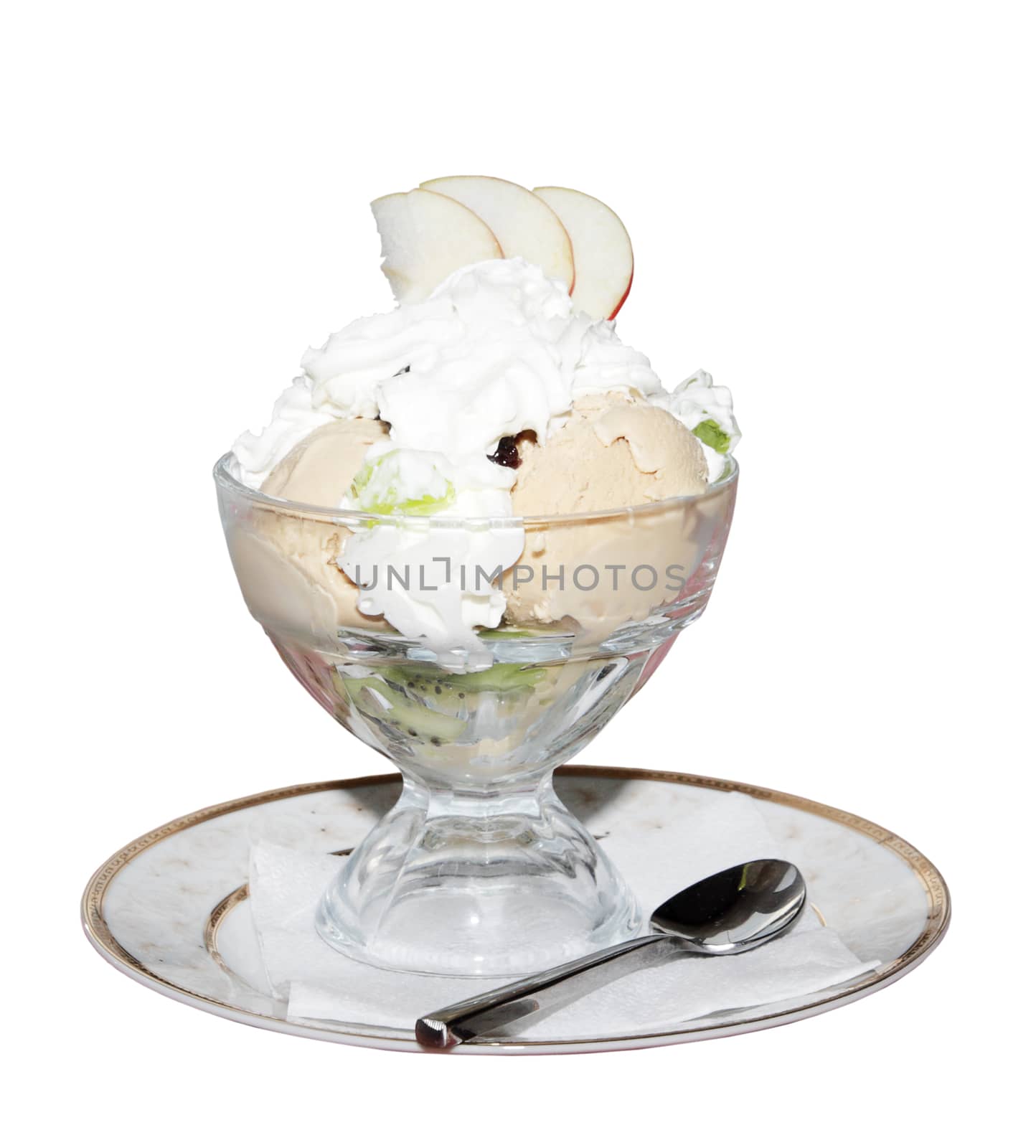 Ice cream with fruit on the white background.