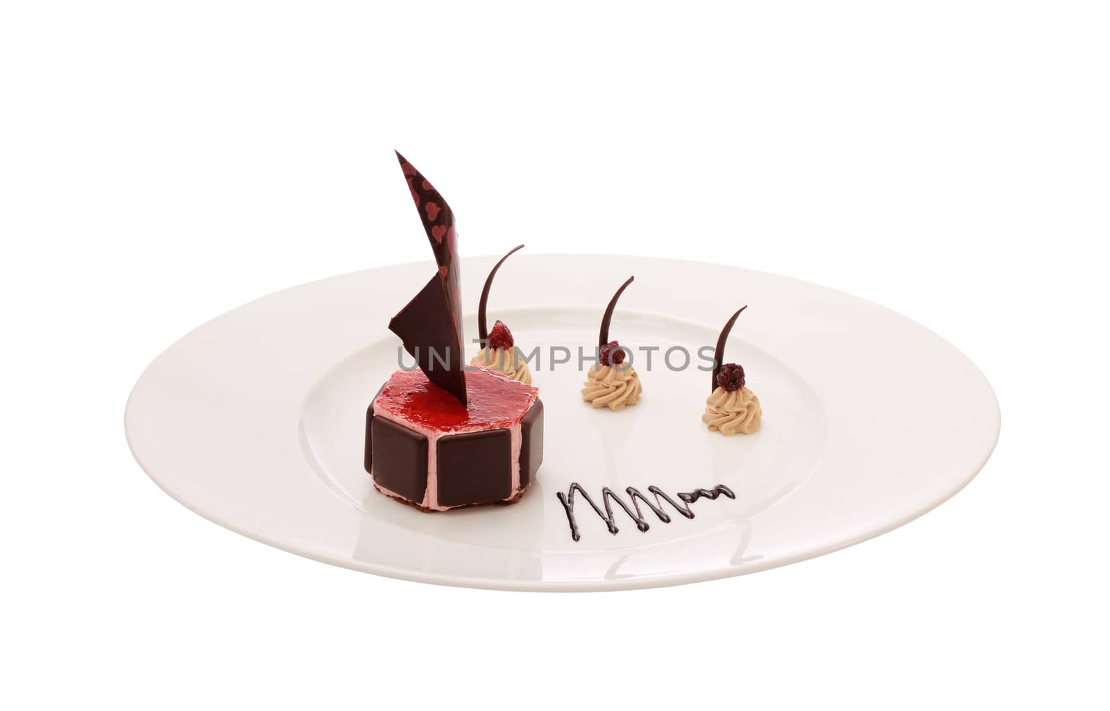 Chocolate dessert on the white background.