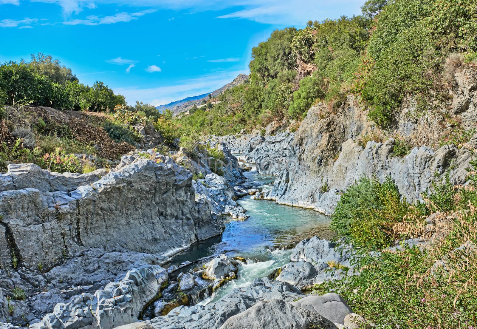 The Alcantara is a river in Sicily. It has its source on the south side of Monti Nebrodi and its mouth in the Ionian Sea at Capo Schiso in Giardini-Naxos. The river is 52 km long.